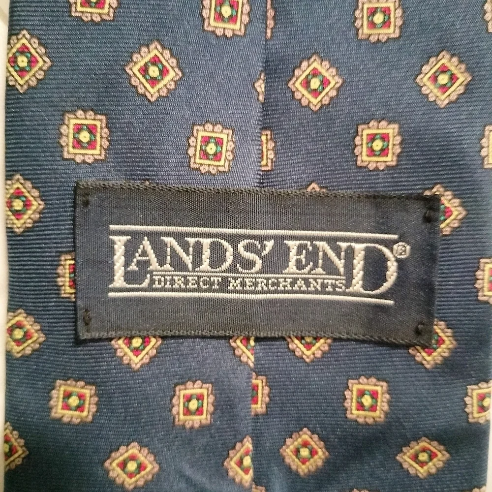 Lands' End Silk Men's Tie Necktie Blue Geometric Square Handsewn Classic Formal